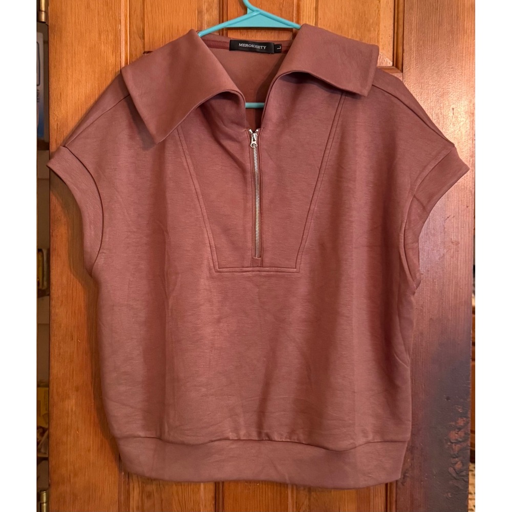 Merokeety Womens Quarter Zip Short Sleeve Sweatshirt Clay Brown Large